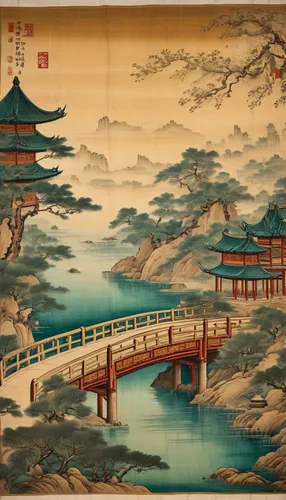 A scroll from a view of a historical Chinese towel and the beauty and splendors of majestic architecture and Asian bridge structures. The scroll original hues is dulled, with shades of off-white, beig