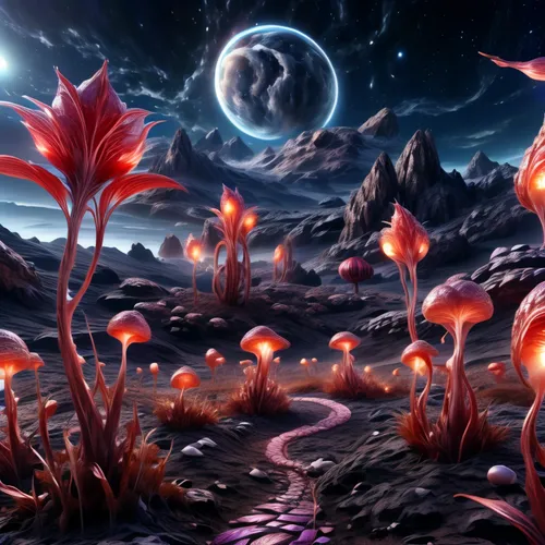 mushroom landscape,lunar landscape,alien planet,alien world,fantasy landscape,volcanic landscape,volcanic field,moonlight cactus,moonscape,fantasy art,valley of the moon,fantasy picture,futuristic landscape,cosmos field,red planet,fire planet,terraforming,cartoon video game background,fractal environment,night-blooming cactus