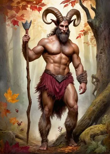 Satyr, male, muscular, goat-like legs, furry chest, horned, bearded, mischievous grin, wine-red skin tone, holding a pan flute, forest, ancient trees, misty atmosphere, warm lighting, 3/4 composition,