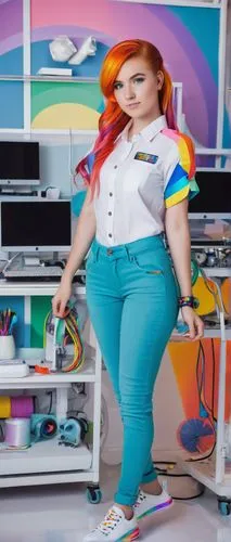 MLP maker OC, young adult, pony-like features, colorful mane, bright blue eyes, freckles on nose, casual outfit, white shirt with rainbow-colored sleeves, high-waisted jeans, sneakers, confident postu