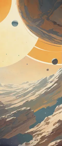 Muted color vector background space exploration illustration with mix of expressionismand avant-garde art by A. J. Casson & Josias Severo, sun, light, beautiful curious art,planets,alien planet,futuri