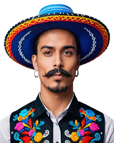 Mexican, clip-art style, black and white, sombrero, colorful embroidered shirt, dark mustache, goatee, hoop earrings, traditional attire, festive, vibrant, high contrast, bold lines, graphic compositi