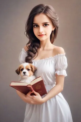 librarian,girl with dog,bibliophile,bookworm,marzia,cavalier king charles spaniel,Photography,Realistic