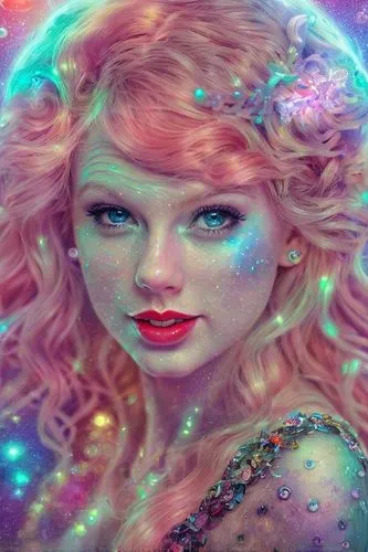 Taylor Swift in a heart glitter dress extremely detailed professional photography of (((an ethereal spirit))) with a mischievous smile and glowy eyes. Otherworldly creature, magical scene, an incredib