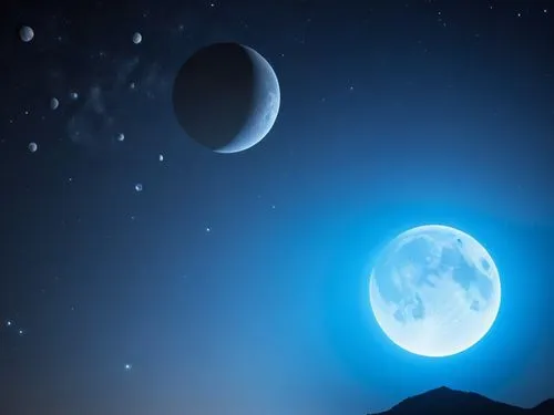 alien romulus,three planets are shown with some light blue lights,moon and star background,moon and star,blue moon,moons,earthshine,jupiter moon