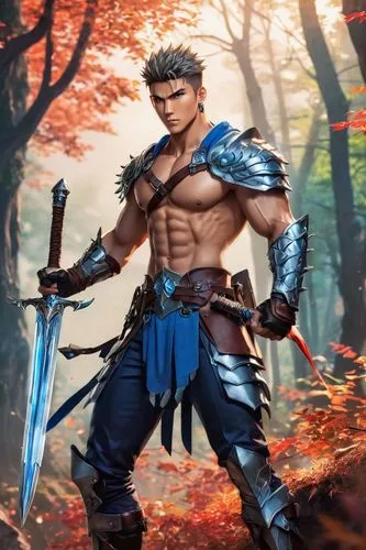 Muscular fantasy man, solo, (25yo), strong jawline, short spiky hair, piercing blue eyes, sharp facial features, silver earrings, bold eyebrows, confident posture, chest bare, ripped abs, intricate ar