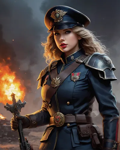 Taylor Swift, dressed in the distinctive uniform of an officer in the Astra Militarum, otherwise known as the Imperial Guard, a key military force in the Warhammer 40,000 universe. She stands confiden