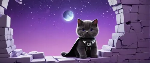 Gato Darth Vader en pared con efecto realista , asomado a través de la pared rota , rio estrellado de fondo morad,ravenpaw,cerebus,krypto,starclan,cartoon video game background,superdog,osita,pet blac