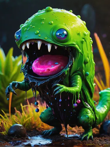 cuthulu,gnaw,piranha,bulbasaur,slimy,three-lobed slime,cachupa,slime,poison dart frog,salamander,kawaii frog,frog figure,venus flytrap,funko,carnivorous plant,aaa,lungless salamander,child monster,imp,water creature,Conceptual Art,Graffiti Art,Graffiti Art 02