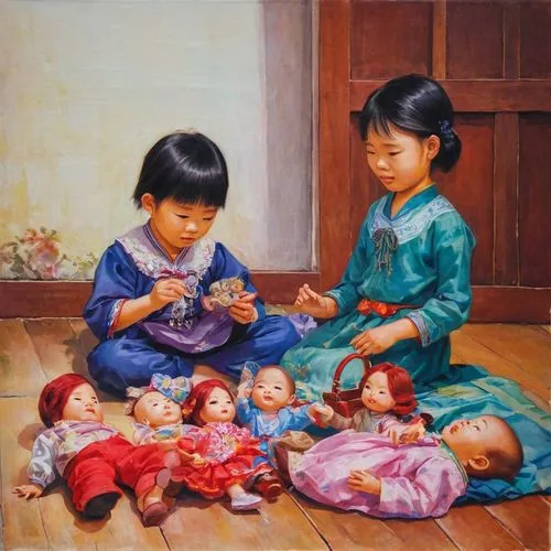 Elles ont joué avec leurs poupées.,painting of a group of asian dolls on the floor,laotians,children drawing,mother with children,chuseok,children studying,knitters,Conceptual Art,Daily,Daily 10