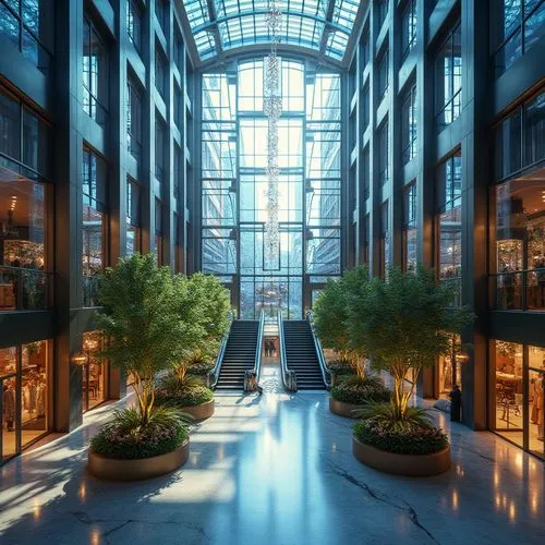 Luxurious shopping center, sapphire color scheme, bold modern architecture, gleaming glass facade, sleek metallic frames, high-end fashion stores, upscale restaurants, grand atrium, escalators, marble