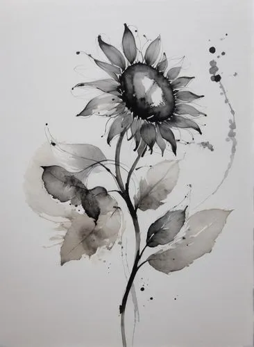 Sunflower in abstract style. The petals are outlined with slender black lines, and a blend of light gray and black ink is used to create a soft and light texture. The center of the flower is darker in