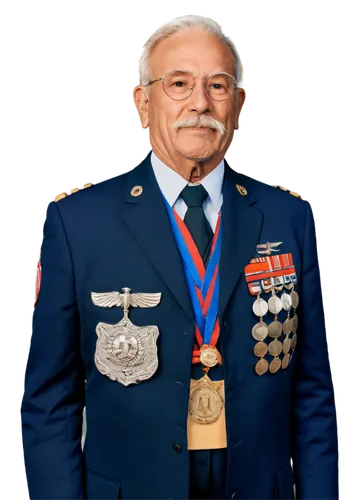 American veteran, old man, solo, (70yo), dignified expression, white hair, mustache, medals on chest, navy blue uniform, golden buttons, proud posture, standing, patriotic background, warm sunlight, s