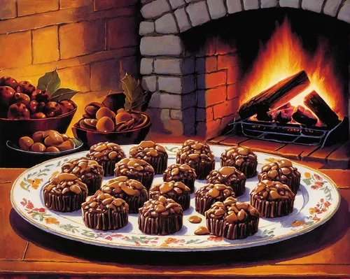 Describe a cozy winter evening by the fireplace, savoring a box of homemade pralines.,chocolate muffins,roasted chestnuts,marzipan balls,chocolate balls,energy balls,bowl of chestnuts,bourbon ball,cak