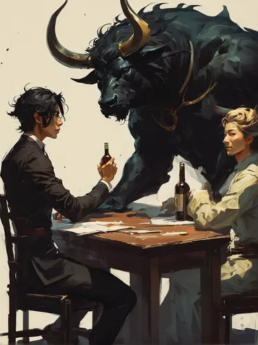 horned cows,binding contract,bull,teatime,buffalos,advisors,black table,tabletop game,business meeting,card game,game illustration,exchange of ideas,a meeting,tutoring,oxen,buffaloes,sherlock,tabletop,tea party,card games,Conceptual Art,Fantasy,Fantasy 06