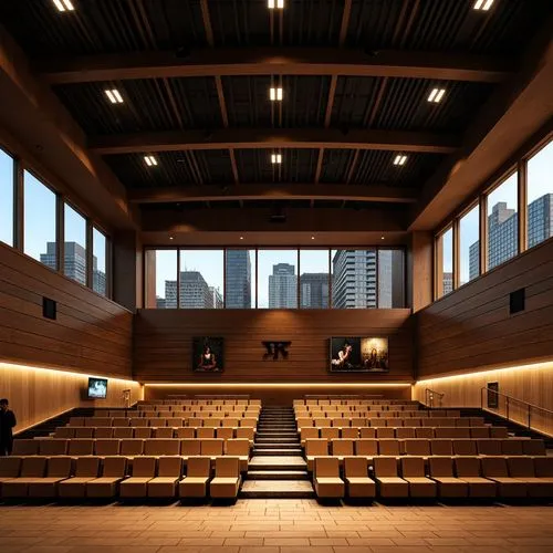 Sleek auditorium interior, modernist architecture, curved lines, minimalist decor, polished wooden floors, sound-absorbing panels, acoustic ceiling tiles, tiered seating, spotlights, warm ambient ligh