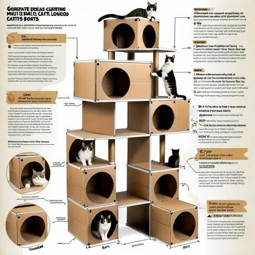 "Generate ideas for crafting multi-level cat condos using large cardboard boxes. Consider various designs, features, and ways to make the condos engaging and comfortable for cats.",animal tower,cat fu