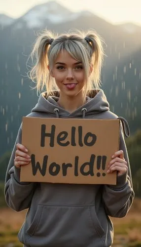 A 29yo model woman with light silver hair in a messy pigtails is holding a cardboard sign that reads "Hello World!!" , full body, she wear Matte gray hoodie, standing against mountains at background, 