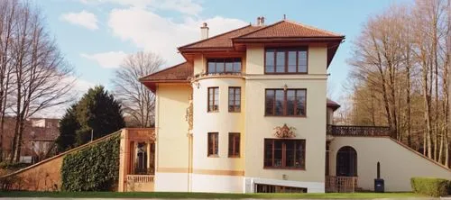 House in art nouveau style, yellow brick, painting, brown roof,bethlen castle,würzburg residence,neufchateau,bendemeer estates,villa balbiano,domaine,glienicke,clairefontaine,chateau,house hevelius,vi