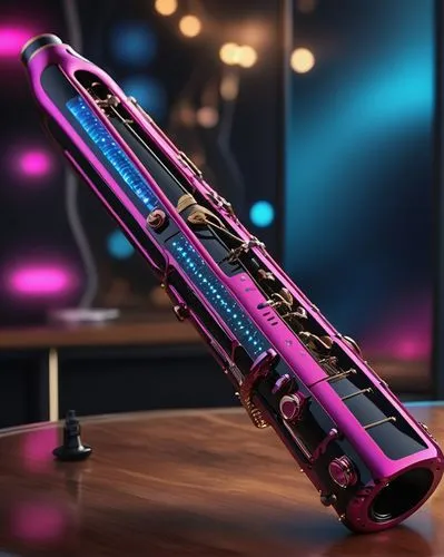 A ((futuristic high-tech ultramodern non-terrestrial musical woodwind instrument)) (((with a very stylish and uniquely original shape))) and the instrument is ((crafted from highly polished magenta Ne