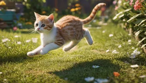 frolicking,leap for joy,long jump,cats playing,chasing butterflies,sprinting,leaping,pounce,running fast,playing outdoors,leap,jumping,mow,flying dandelions,jumping jack,little girl running,meadow play,european shorthair,fast moving,flower cat,Photography,General,Commercial