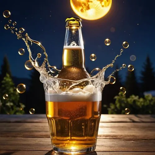 The iconic golden foaming bubbles of the beer bottle flutter in the air as it floats and dances in the night sky. At the center of the bottle, the sparkles of the sun pulsate, casting a warm glow on t