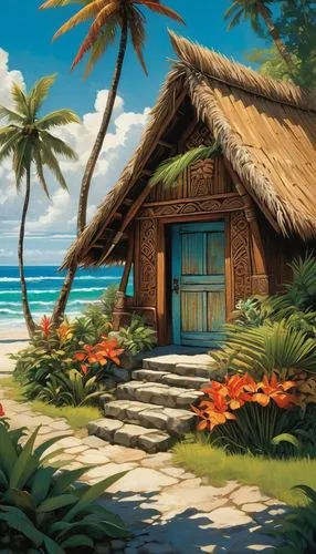 tropical house,tropical beach,tahiti,south pacific,beach hut,tropical island,beach landscape,polynesia,polynesian,dream beach,cartoon video game background,cabana,beachfront,tropical sea,caribbean beach,fiji,bora bora,beach scenery,kanaloa,tropics,Conceptual Art,Oil color,Oil Color 04