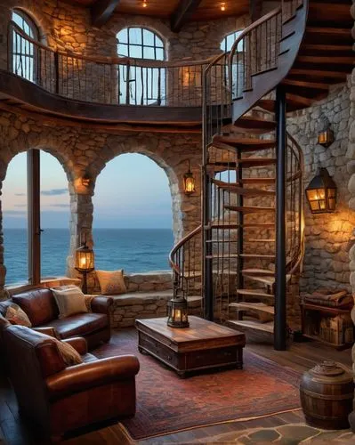 oceanfront,beautiful home,dreamhouse,loft,fireplaces,fire place,spiral staircase,beach house,great room,fireplace,carmel,stone stairs,rustic aesthetic,wooden beams,crib,log home,seclusion,winding staircase,luxury home interior,front porch,Illustration,Retro,Retro 17