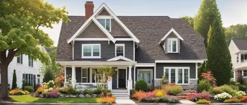 Modern suburban house, architectural details, asphalt shingles roof, brownish-gray color, slightly weathered, subtle texture, dormer windows, white trims, brick walls, greenery vines climbing up, lush