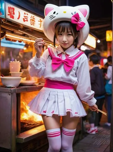 Hello Kitty, cute, white and pink bow, whiskers, Japanese style school uniform, short skirt, knee-high socks, holding chopsticks, slurping ramen noodles, steam rising from bowl, colorful toppings, Tok