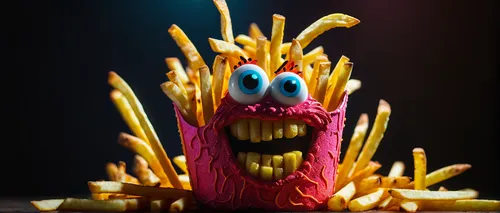 crazy fluorescing monster french fries figure, in neon colors, future art , subsurface scattering, ultra hd, 4k, high def, Photorealistic, Hyperrealistic, Hyper detailed, analog style, realistic, mast