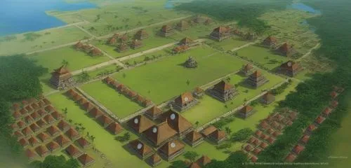 an aerial view of a royal city in ancient Indonesia, showing various buildings and structures. The prominent feature in the center of the city is a large courtyard or central square. There are several