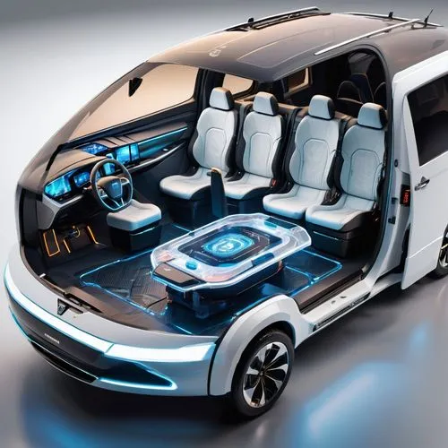 Create a product design illustration for an all electric family minivan that is transparent with the seating facing the center and a family inside the car enjoying a board game inside the minivan tabl