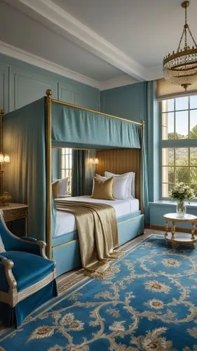 a bedroom is decorated in blue and gold,gleneagles hotel,guestrooms,blue room,great room,rosecliff,wade rooms,Photography,General,Realistic