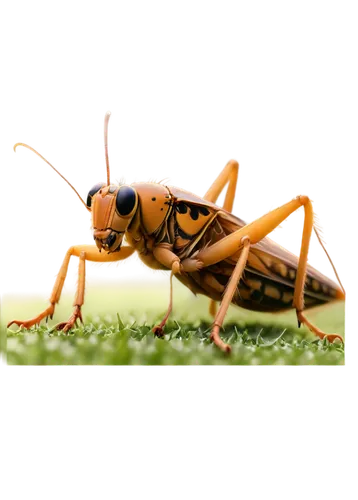 Realistic crickets, evening ambiance, warm summer night, soft focus, blur background, detailed cricket body, green grass, tiny wings, antennae, natural material, subtle texture, shallow depth of field