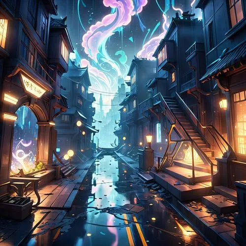 3d fantasy,alleyway,fantasia,alley,fantasy city,unicorn background,magical adventure,descent,lantern,passage,old linden alley,fractal environment,game art,rescue alley,cg artwork,magical,narrow street,lanterns,elements,fantasy world,Anime,Anime,Cartoon