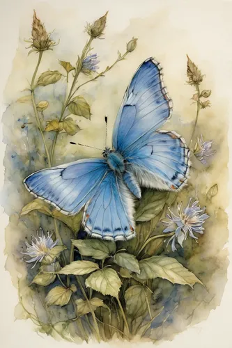 Describe the serene beauty of a common blue butterfly dancing in a tranquil garden.,ulysses butterfly,blue butterflies,blue butterfly background,holly blue,lycaena phlaeas,mazarine blue butterfly,blue