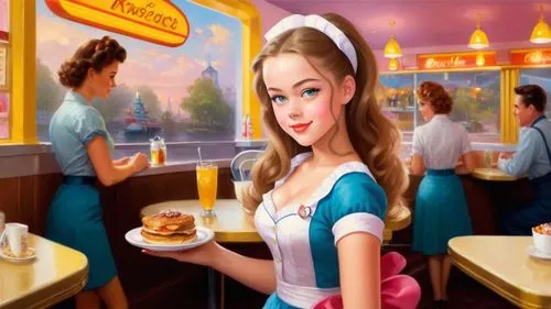 waitress,retro diner,soda shop,soda fountain,ice cream parlor,woman at cafe,waitresses,luncheonette,hostess,tearoom,doll kitchen,woman holding pie,retro pin up girls,retro girl,woman with ice-cream,pastry shop,50's style,diners,cigarette girl,retro woman