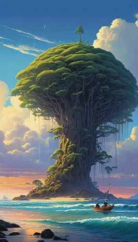 mushroom island,dragon tree,mushroom landscape,an island far away landscape,floating island,islet,tree mushroom,floating islands,island suspended,fantasy landscape,flying island,isolated tree,flourishing tree,island,lone tree,the island,islands,island of fyn,uninhabited island,bird island,Conceptual Art,Sci-Fi,Sci-Fi 21