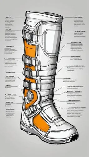 an industrial design sketch of an astronaut boots in a futuristic style with all the data related to its construction, very detailed, beautiful, perfect, very modern, strong, powerfull,motorcycle boot