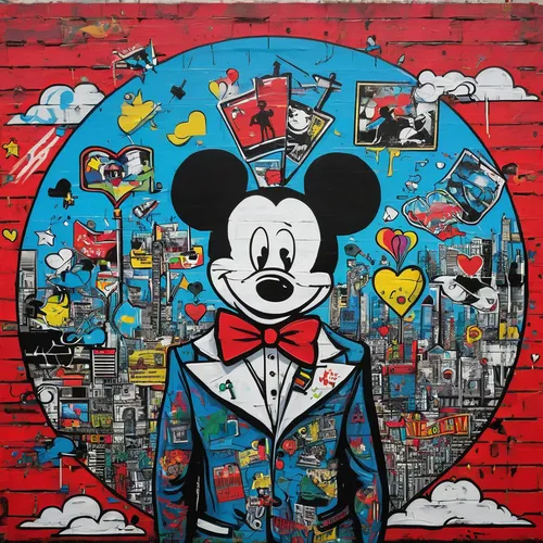 Describe the emotions conveyed by the uploaded image.,mickey mouse,mickey mause,micky mouse,mickey,graffiti art,streetart,urban art,urban street art,mural,shanghai disney,street art,graffiti,grafitti,