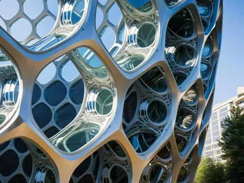 windog of a office building in the middle of manhatan usrrounded by other buildings, people waltking toward the building,the large metal structure has several circular holes,honeycomb structure,buildi