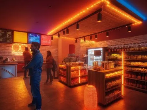 local comercial,productos abarrotes varios,mas iluminacion ,detalles en neon aul y naranja,neon coffee,ice cream shop,soda shop,neon light drinks,cosmetics counter,soda fountain,liquor bar,deli,3d ren