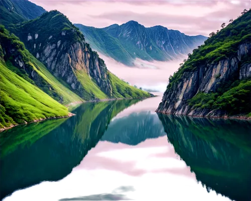 High-resolution, detailed landscape, misty atmosphere, soft sunlight, vibrant colors, majestic mountains, serene lake, lush greenery, winding rivers, rocky cliffs, fluffy clouds, warm lighting, cinema