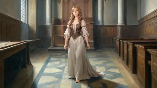 classicism painting: (female defendant, long dress, barefoot), inside 17th century courtroom,heatherley,margaery,leighton,sacristy,ecclesiastic,galadriel,clergywoman,church painting,margairaz,gothic p