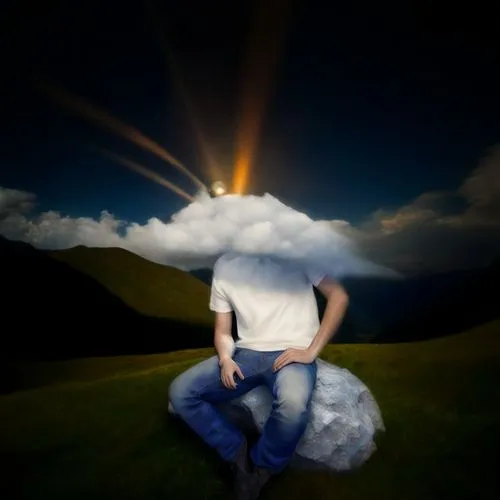  Mountain scenery, Beautiful viewpoint, realistic, Green grass, Blue sky and clouds, high quality, Solar flare, lens flare, Extreme detail, ,a man sitting in the grass while wearing a white shirt and 