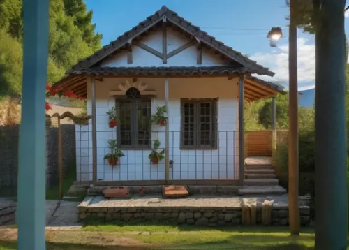 a white cottage has plants on the roof,bungalow,miniature house,little house,bungalows,small house,house trailer