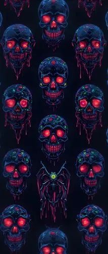 a group of skulls sitting on top of each other,halloween wallpaper,halloween background,bandana background,skulls,red blue wallpaper,wallpaper