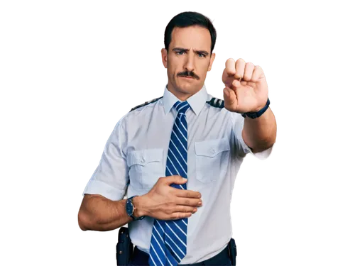 Male police officer, serious expression, short black hair, brown eyes, mustache, white shirt, blue tie, police uniform, badge on chest, holding handcuffs, standing upright, confident pose, urban setti