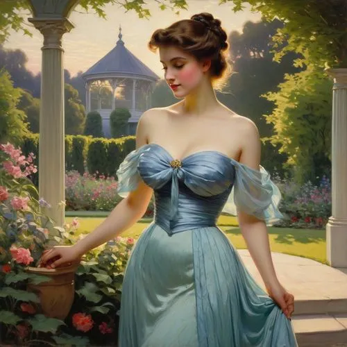 girl in the garden,perugini,emile vernon,girl picking flowers,holding flowers,mademoiselle,woman with ice-cream,arcadia,girl in a long dress,cinderella,hildebrandt,principessa,a girl in a dress,girl in flowers,gardenias,young woman,in the garden,habanera,serenata,serenade,Art,Classical Oil Painting,Classical Oil Painting 15